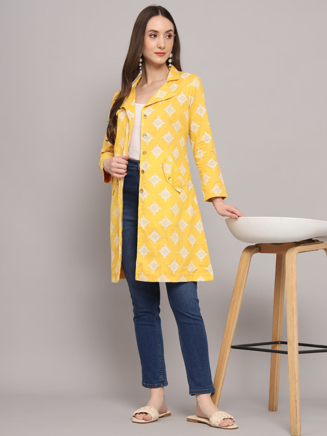 Women's Yellow Geometric Lightweight Longline Front-Open Jacket - Myshka