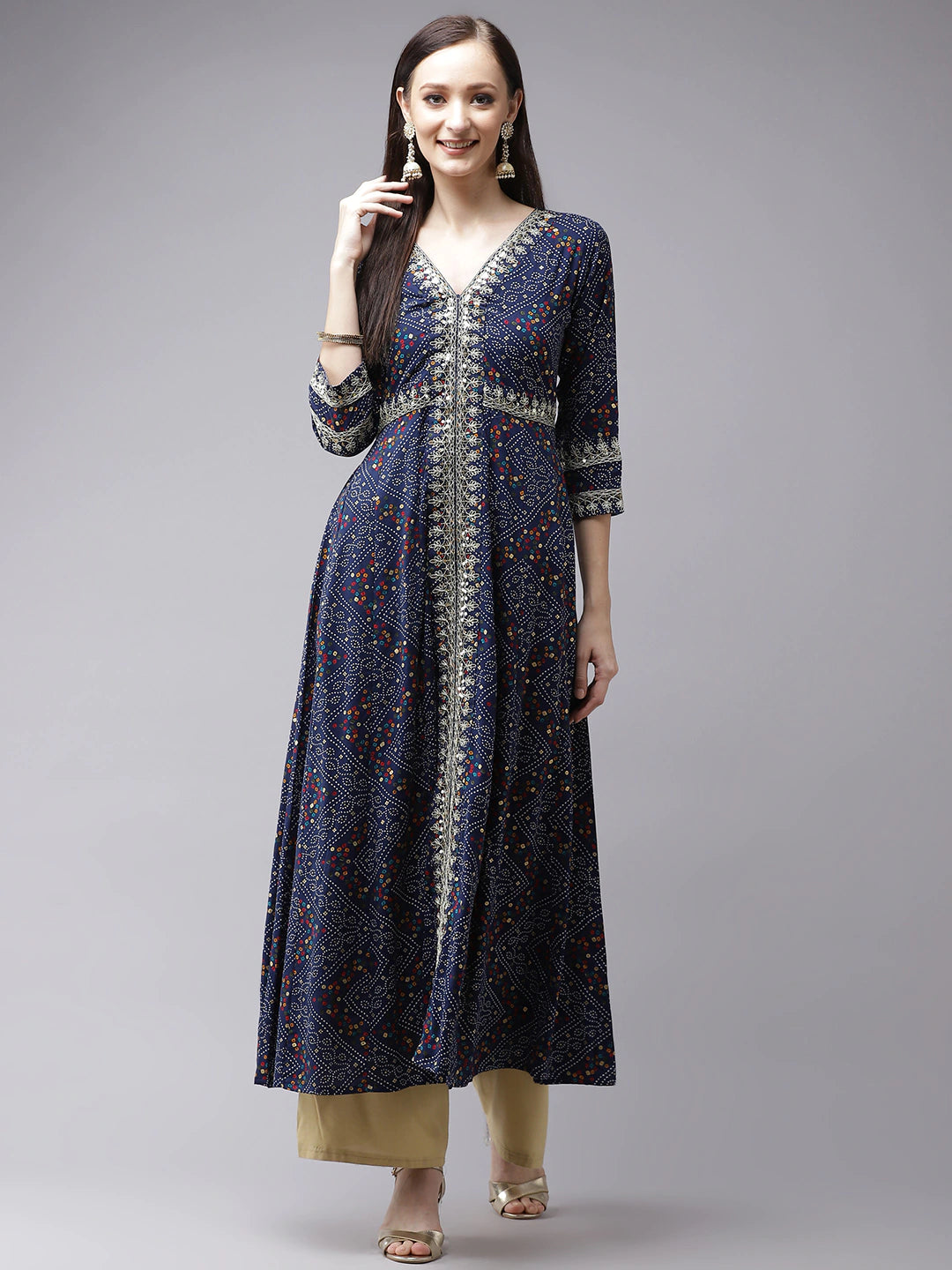 Women's Blue Bandhani Printed Kurta - Yufta