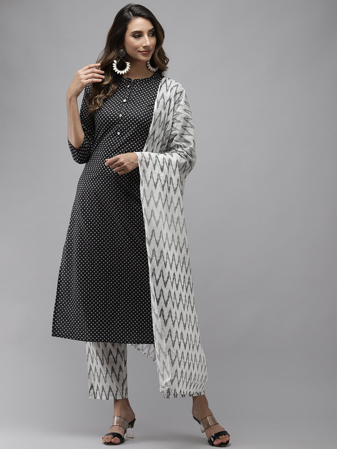 Women's Black Ethnic Motifs Printed Regular Pure Cotton Kurta With Trousers & With Dupatta - Yufta