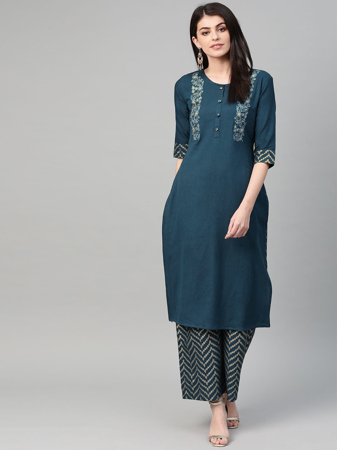 Women's Teal Straight Kurta Set - Yufta