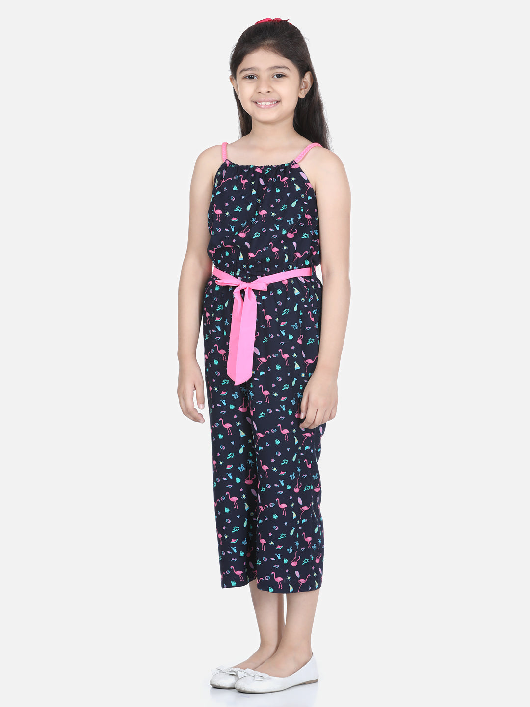 Girl's Flamingo Printed Jumpsuit With Pink Belt - StyleStone Kid