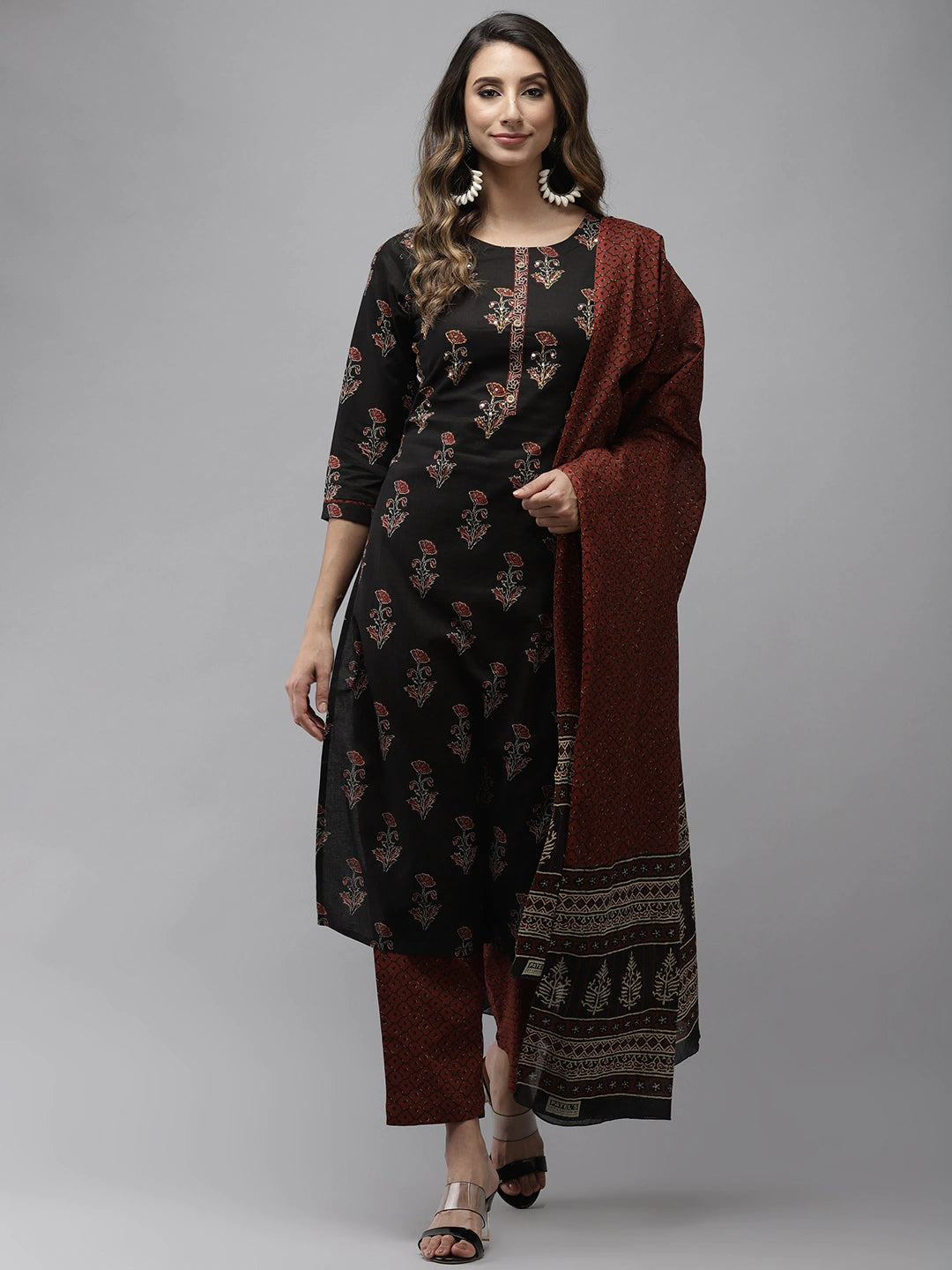 Women's Black & Rust Brown Ethnic Motifs Printed Kantha Work Pure Cotton Kurta Set - Yufta