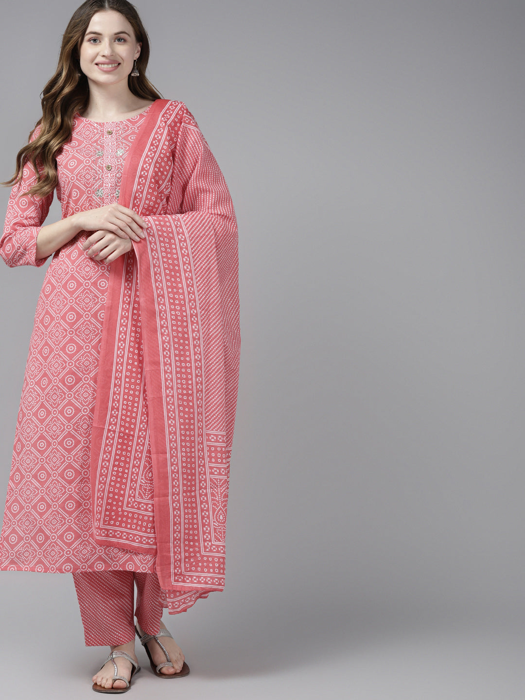 Women's Pink Printed Regular Pure Cotton Kurta With Palazzos And Dupatta - Yufta