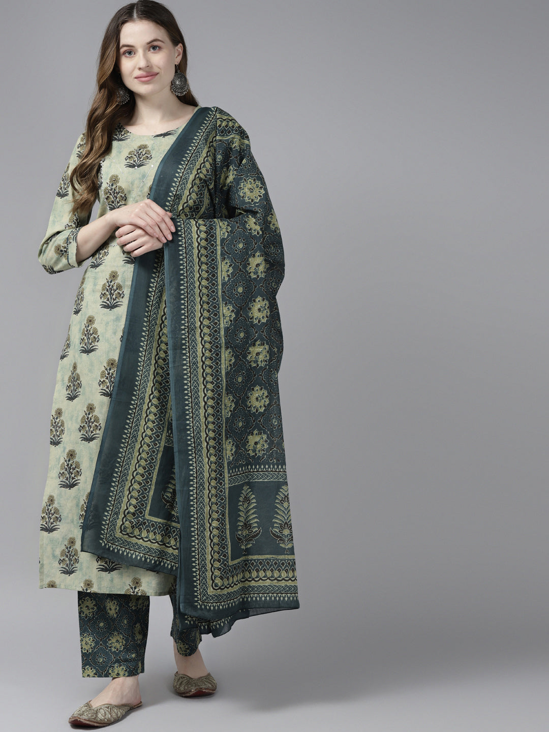 Women's Beige Ethnic Motifs Aari Work Pure Cotton Kurta With Palazzos And Dupatta - Yufta