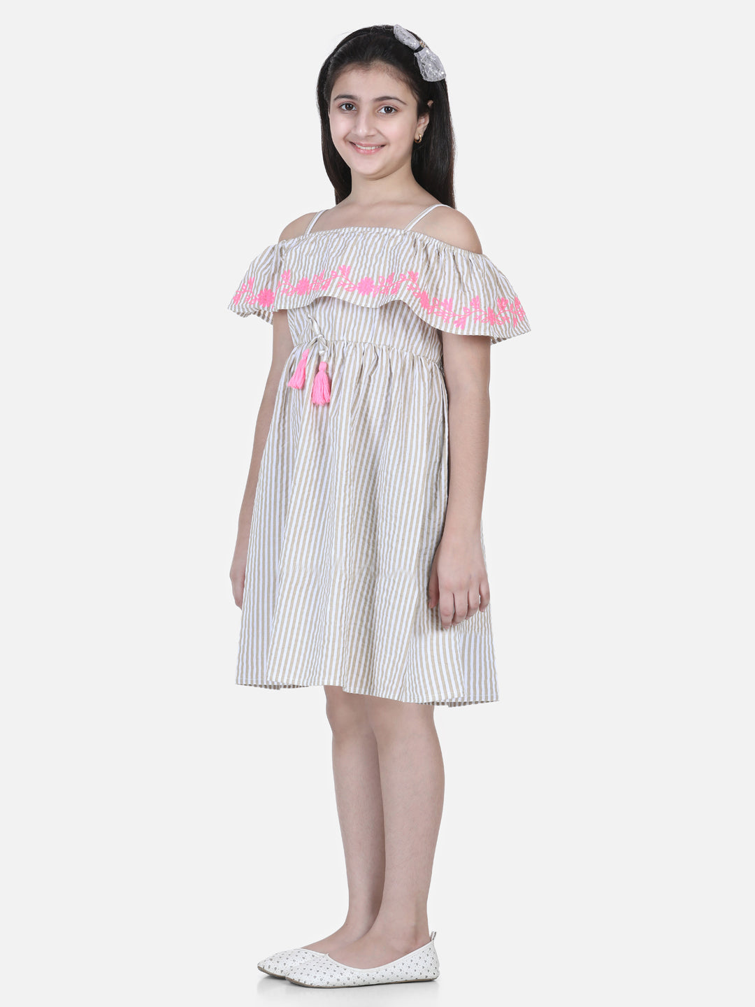 Girl's Beie Offshoulder Dress With Pink Embroidery - StyleStone Kid