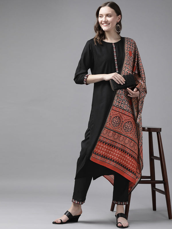 Women's Black Solid Kurta With Trousers And Dupatta - Yufta