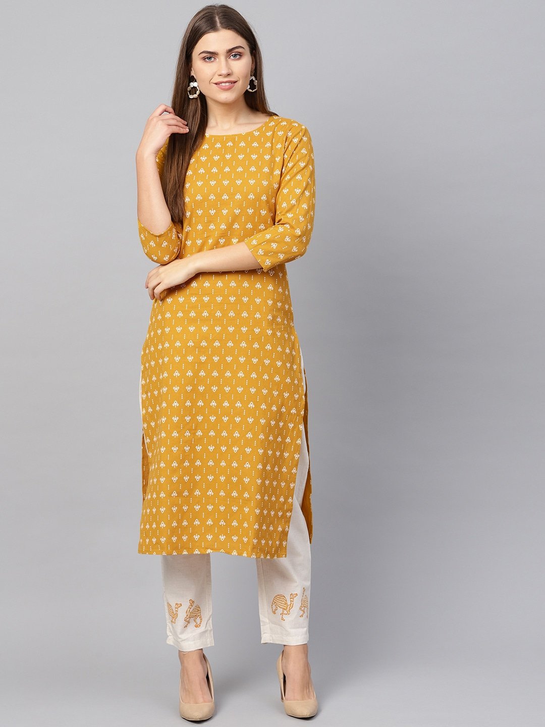 Women's Mustard & Off-White Printed Kurta - Yufta