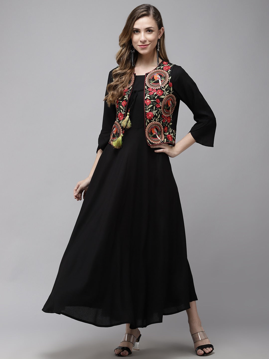 Women's A Line Black Dress With Red Embroidered Jacket - Yufta