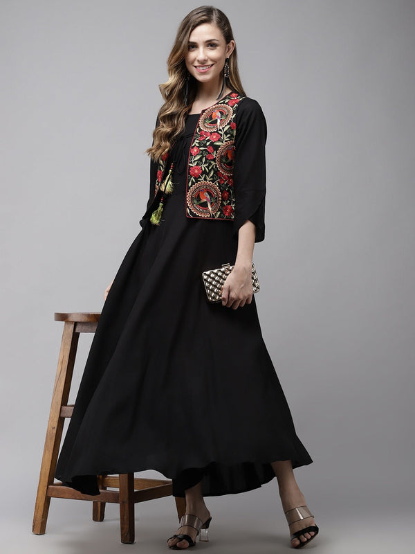 Women's A Line Black Dress With Red Embroidered Jacket - Yufta