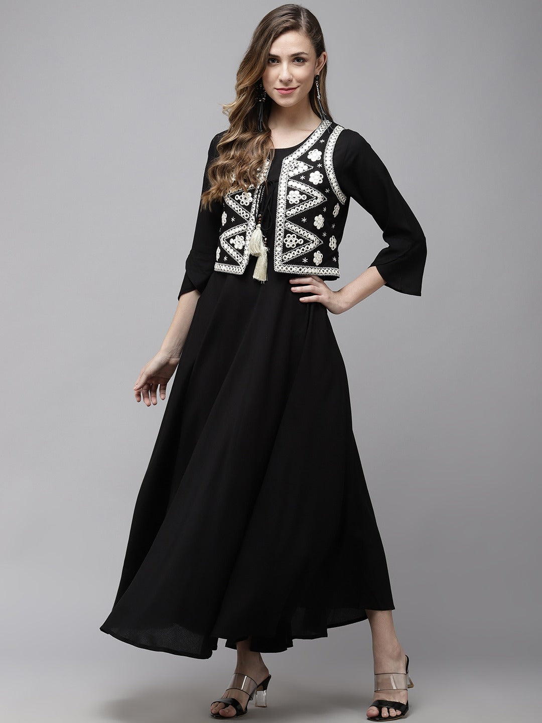 Women's A Line Black Dress With White Embroidered Jacket - Yufta