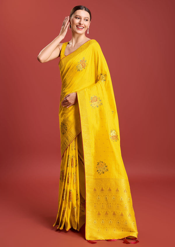 Women's Buy Designer Yellow Colour Dola Silk Weaving Indian Saree - Monjolika