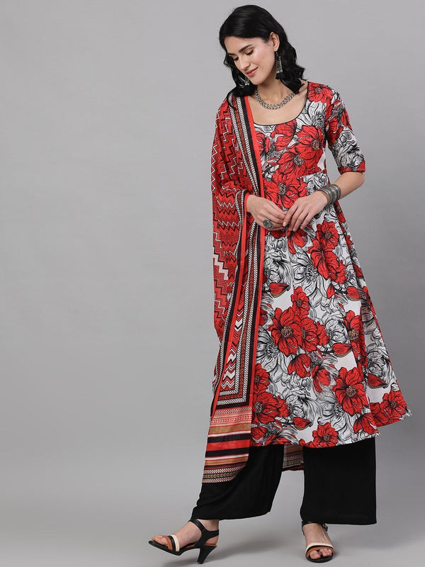 Women's  White & Red Printed Kurta with Palazzos & Dupatta - AKS