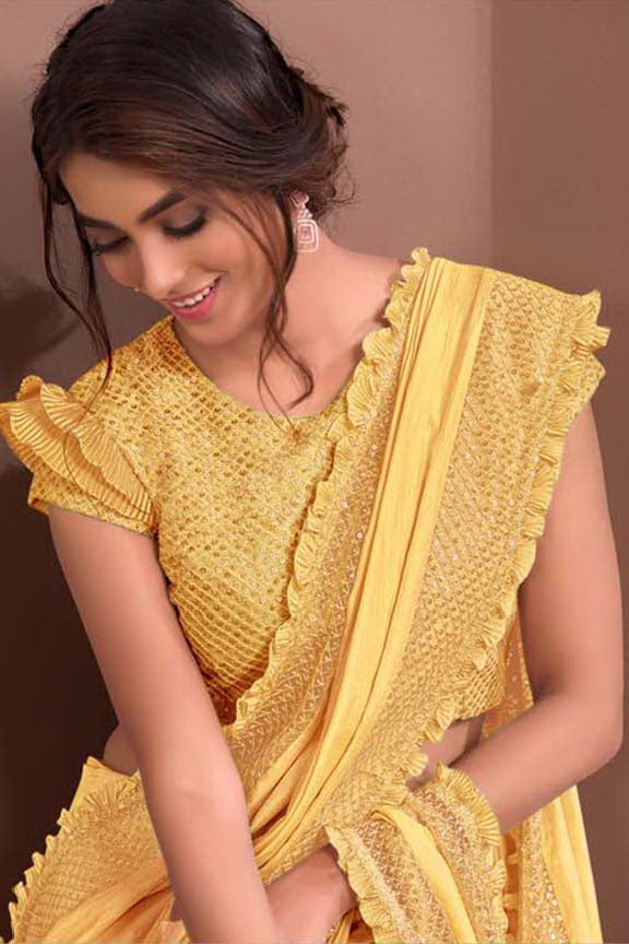 Yellow Silk Georgette Embroidered Saree With Unstitched Blouse