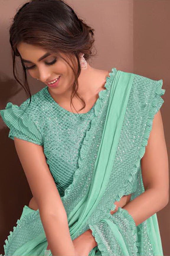 Green Silk Georgette Embroidered Saree With Unstitched Blouse