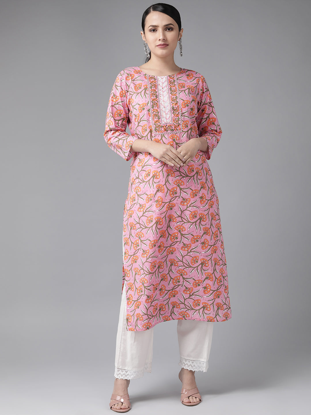 Women's Pink Floral Printed Straight Kurta - Yufta