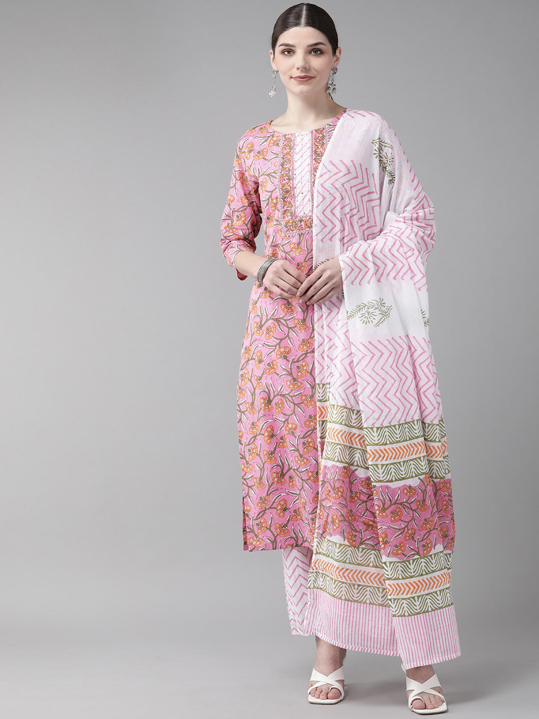 Women's Pink Floral Printed Pure Cotton Kurta With Palazzos & Dupatta - Yufta