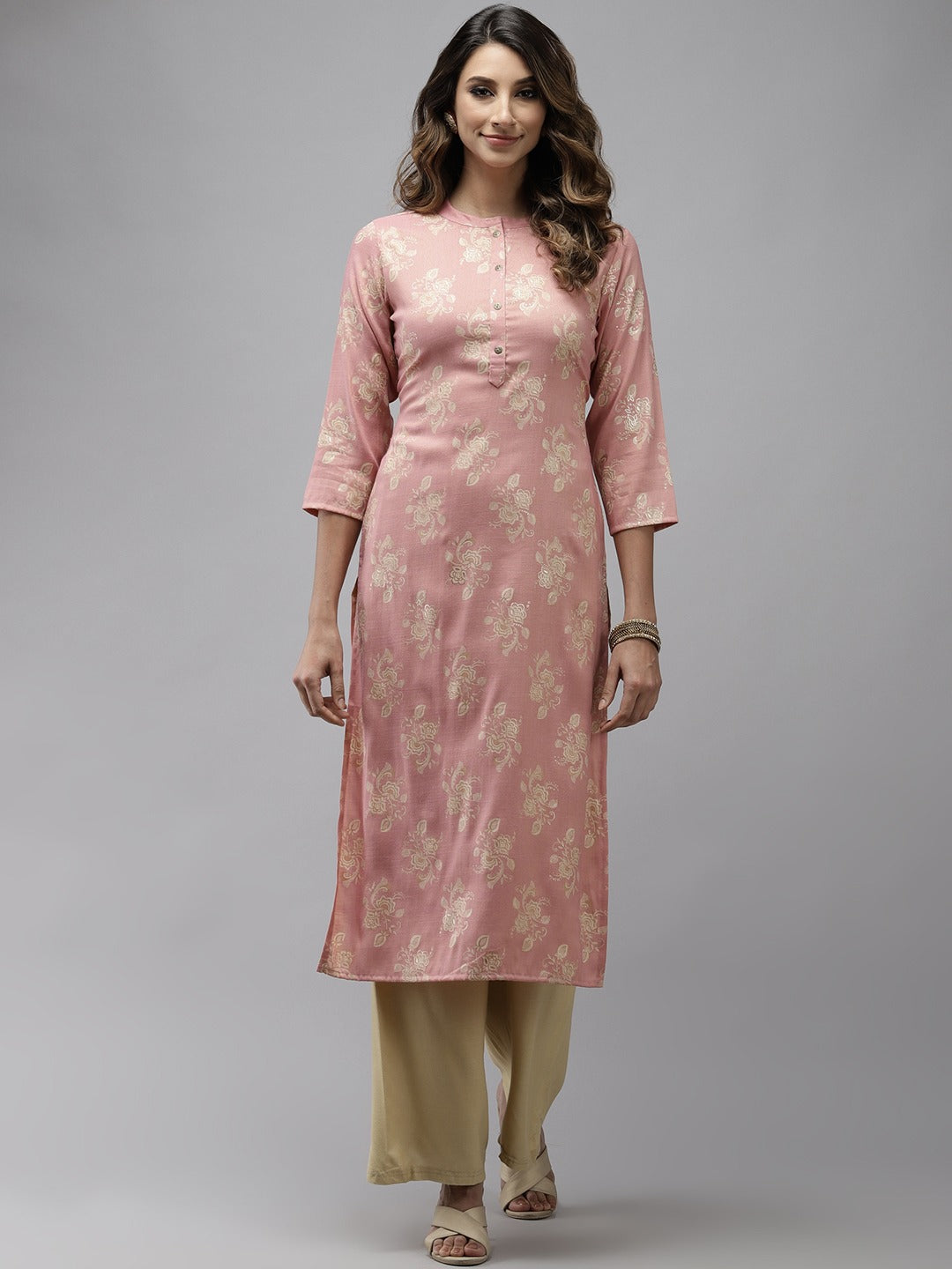 Women's Pink Floral Printed Pastels Cotton Kurta - Yufta