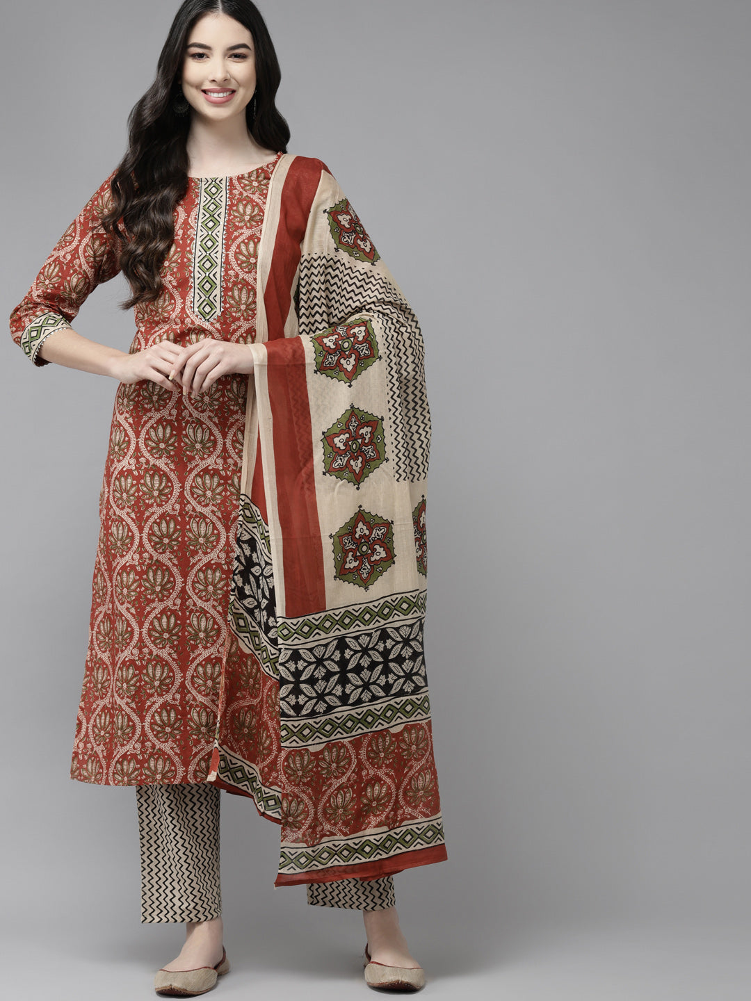 Women's Beige Printed Pure Cotton Kurta With Palazzos & With Dupatta - Yufta