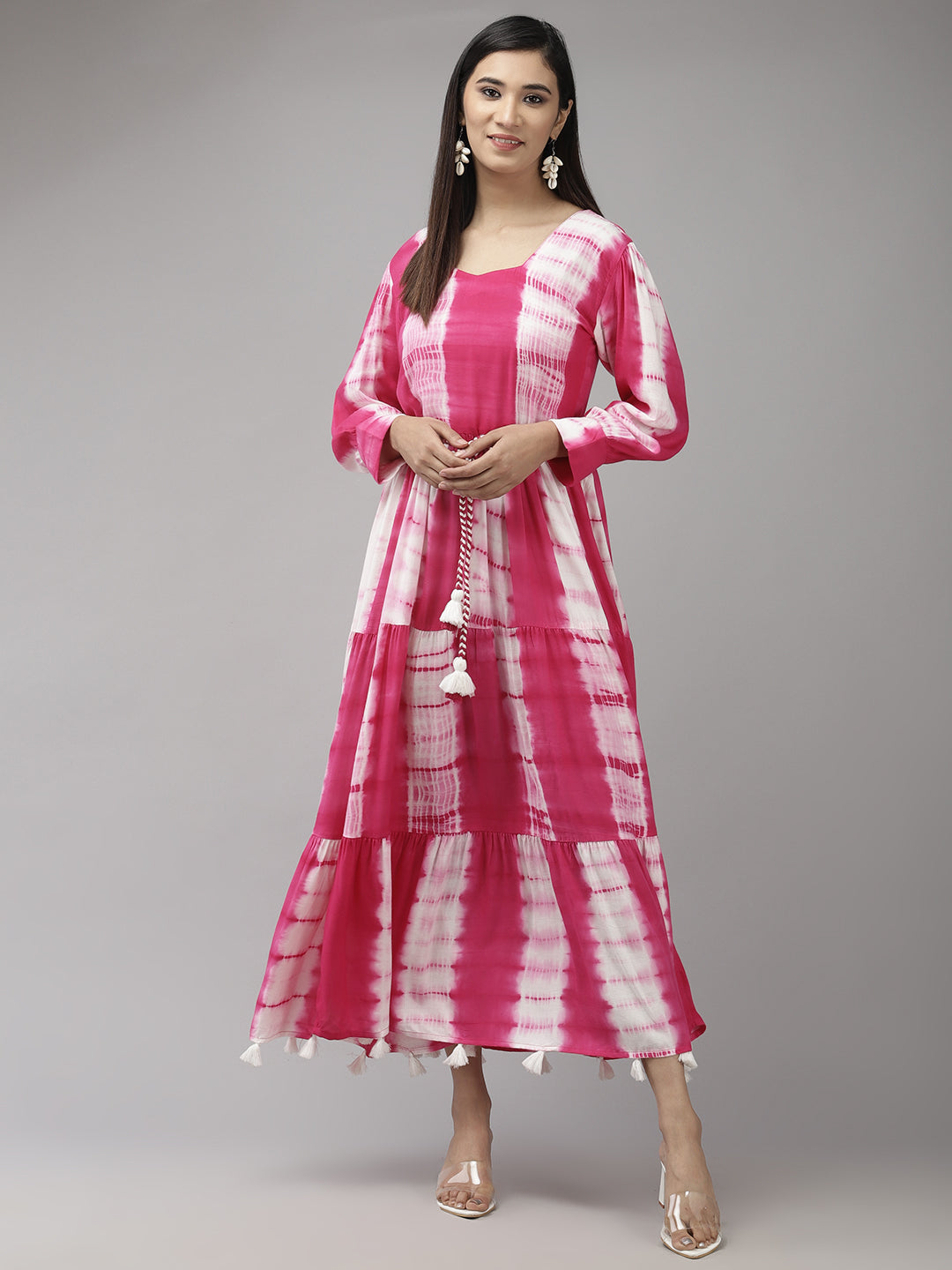 Women's Pink & White Tie And Dye Dyed Maxi Dress With A Belt - Yufta