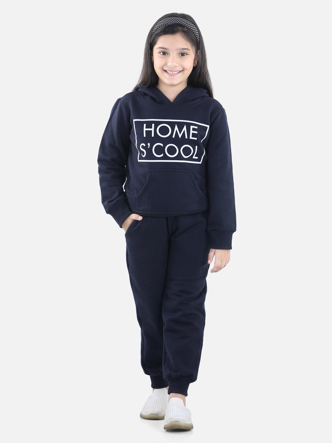 Girl's Navy Home S'Cool Printed Hooded Track Suit Set - StyleStone Kid