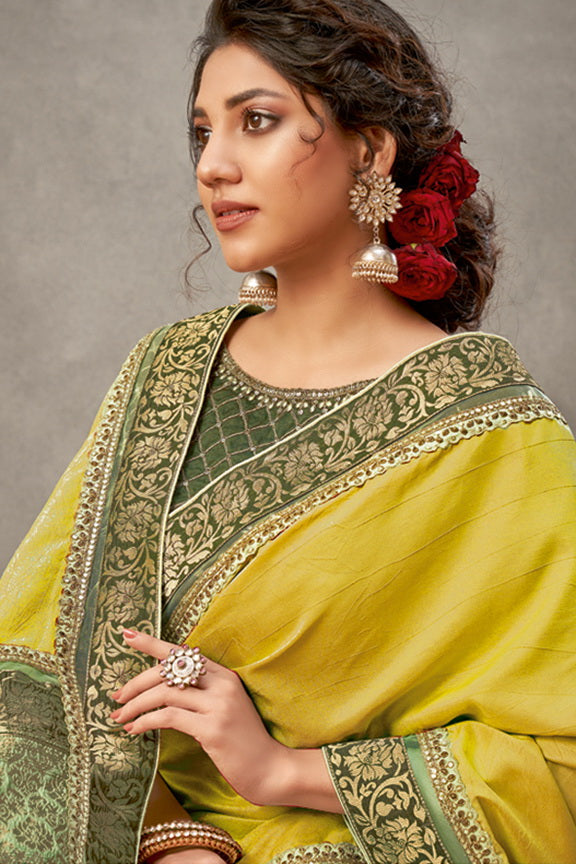 Yellow Tusser Silk Embroidery Saree with Unstitched Blouse