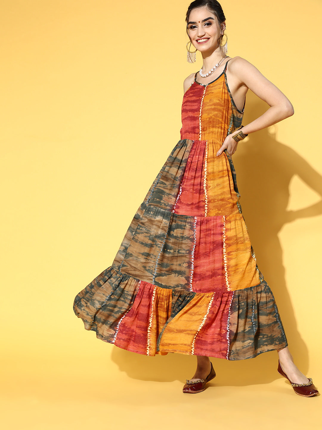 Women's Mustard Yellow Tie And Dye Dyed Maxi Dress - Yufta