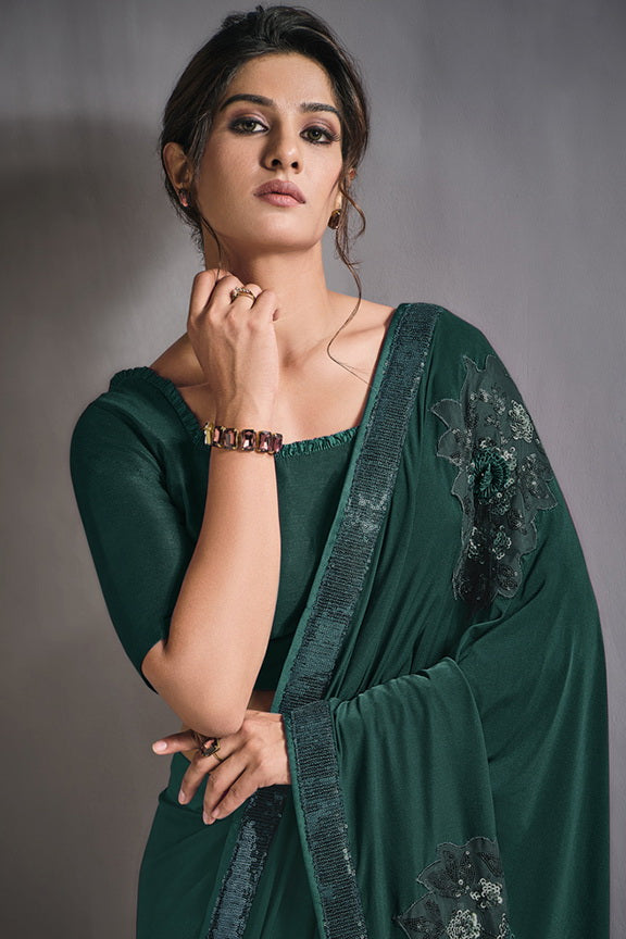 Green Lycra Crush Fabric Saree With Unstitched Blouse