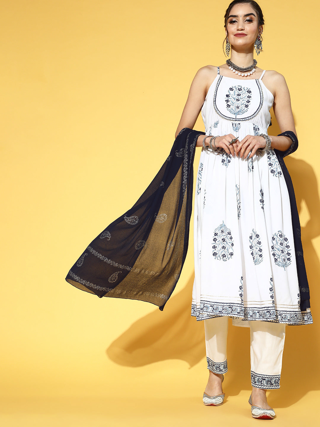 Women's White & Blue Floral Handblock Printed Empire Gotta Patti Kurta Set & Dupatta - Yufta