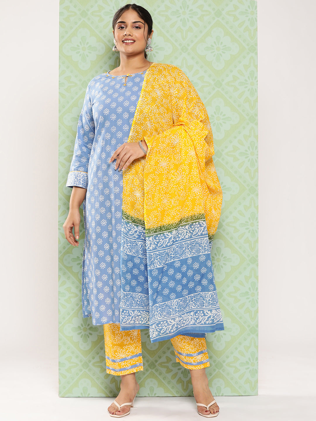 Women's Blue & Yellow Ethnic Motifs Pure Cotton Kurta With Palazzo & Dupatta - Yufta