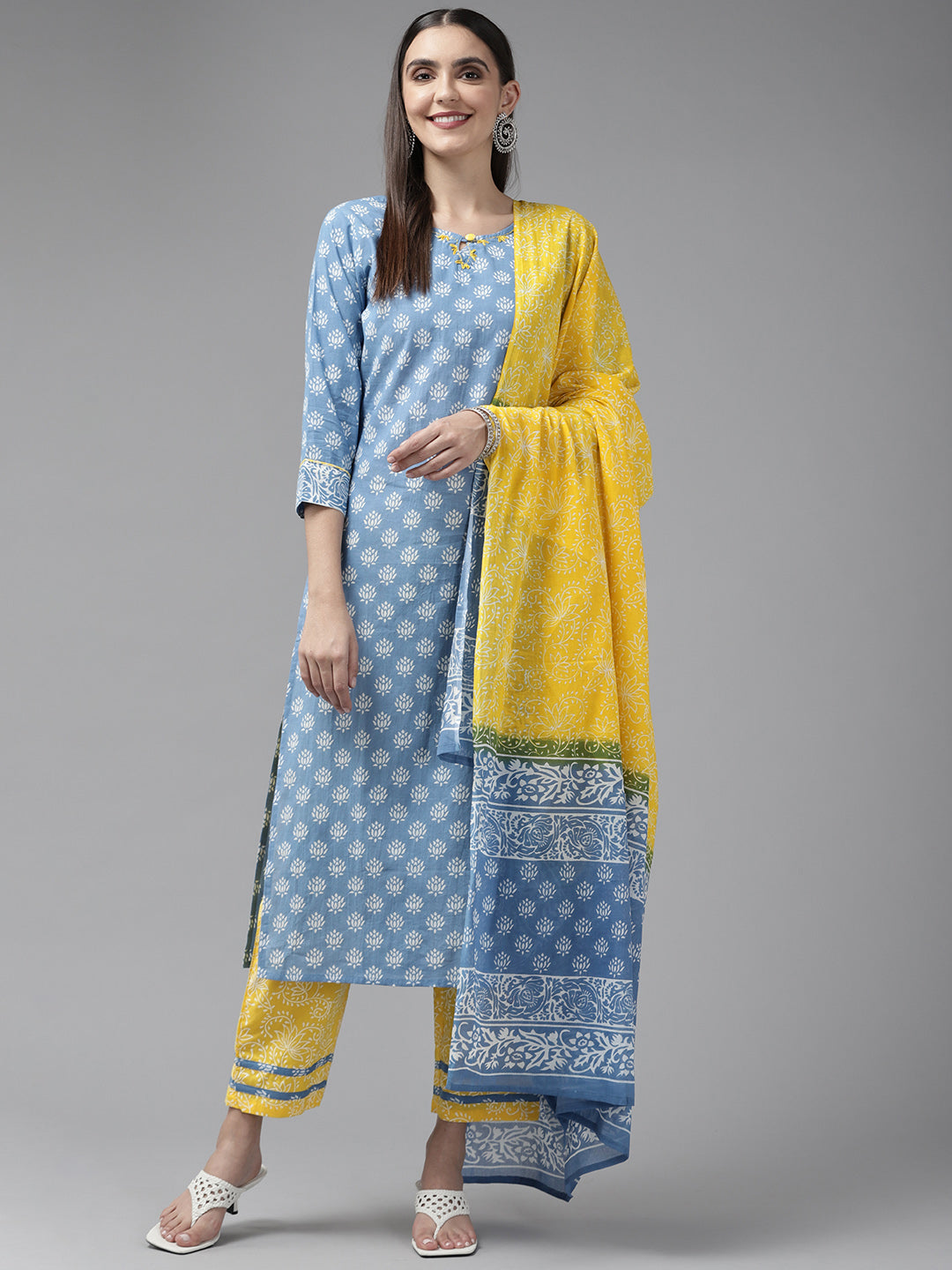 Women's Blue & Yellow Ethnic Motifs Pure Cotton Kurta With Palazzo & Dupatta - Yufta