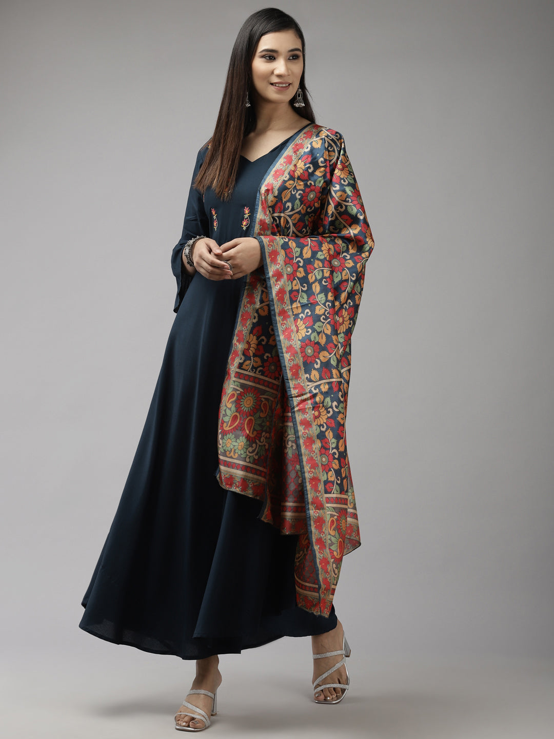 Women's Navy Blue Embroidered Bell Sleeves Kurta With Printed Dupatta - Yufta