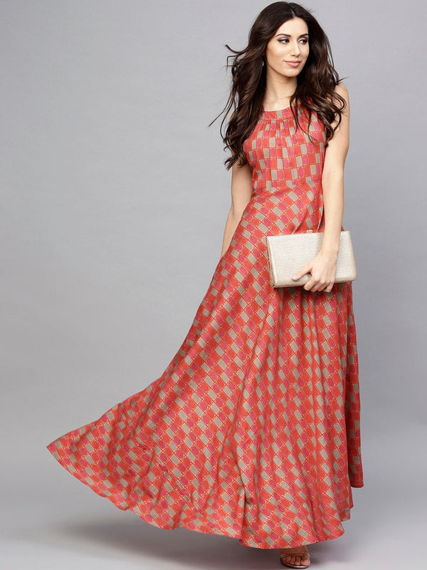 Women's Red Printed Sleeveless Flared Maxi Dress - Aks