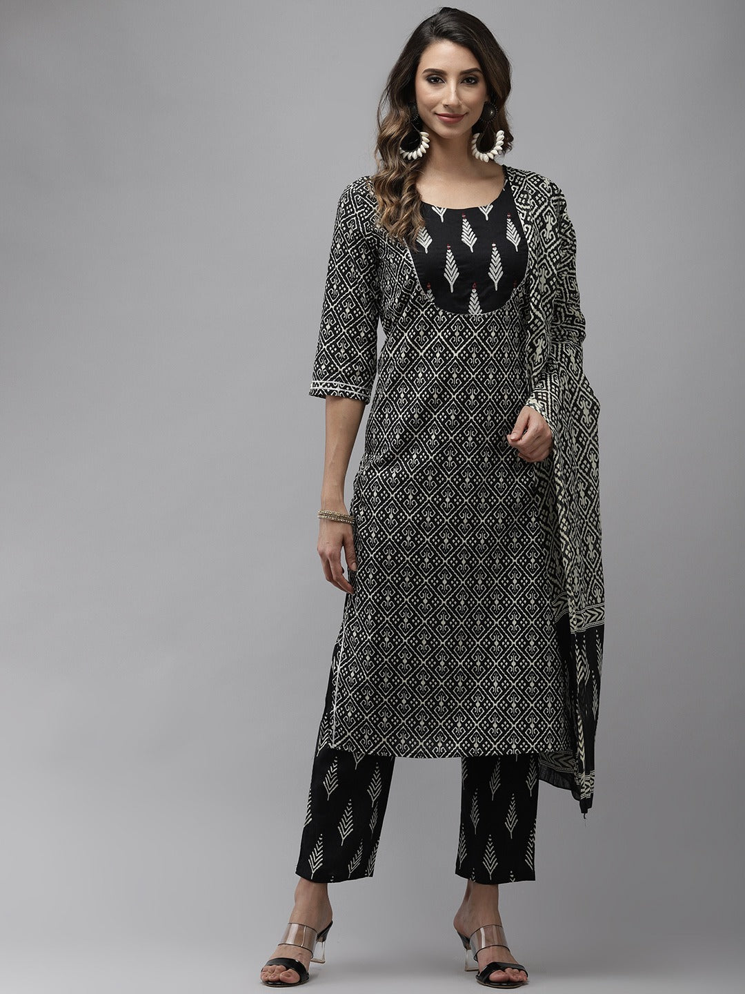 Women's Black & Off White Ethnic Motifs Printed Thread Work Cotton Kurta Set & Dupatta - Yufta