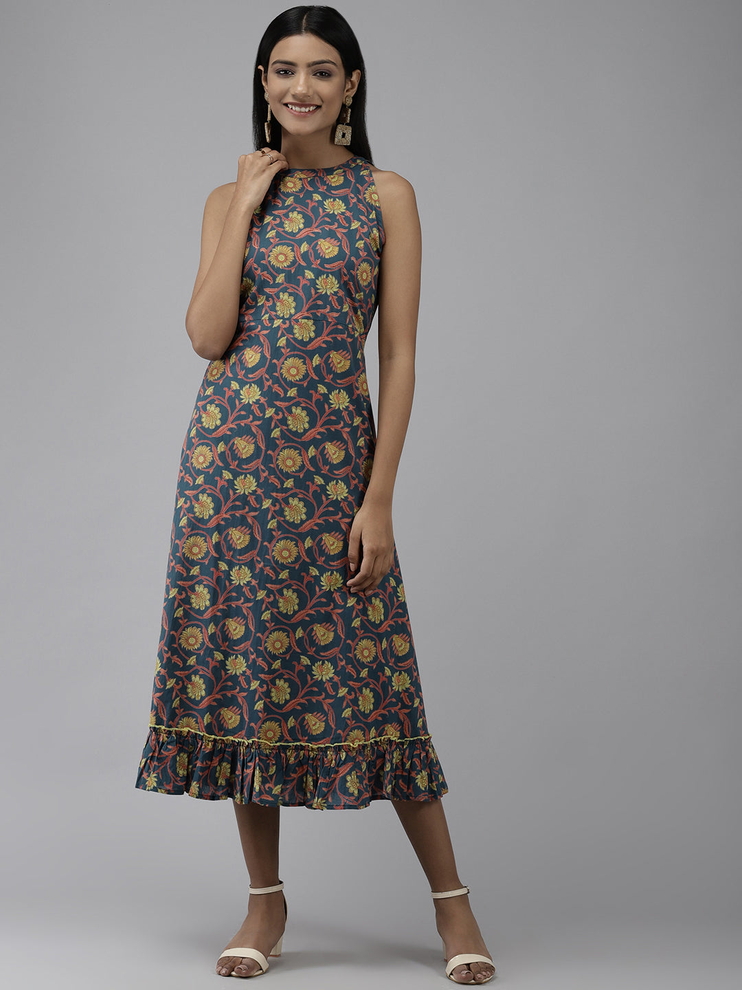 Women's Teal Floral Ethnic A-Line Midi Dress - Yufta