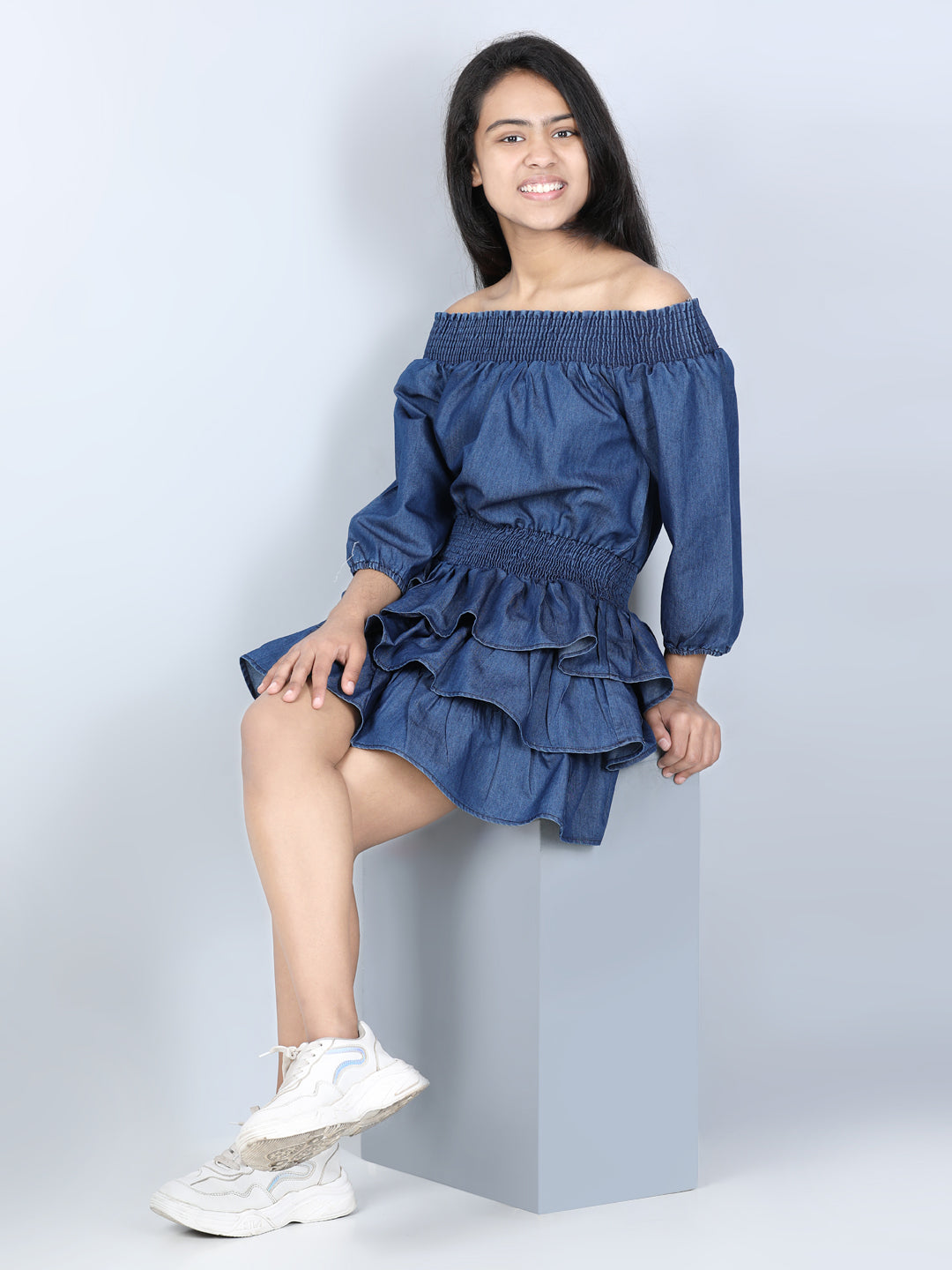 Girl's  Denim Dress With Tiers - StyleStone Kid