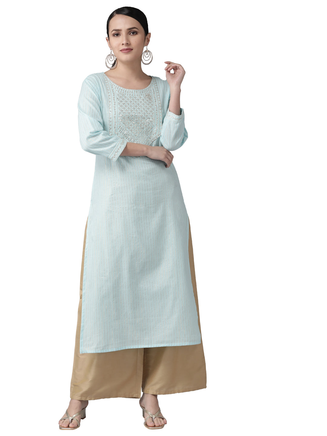 Women's Turquoise Blue Yoke Design Mirror Work Kurta - Yufta