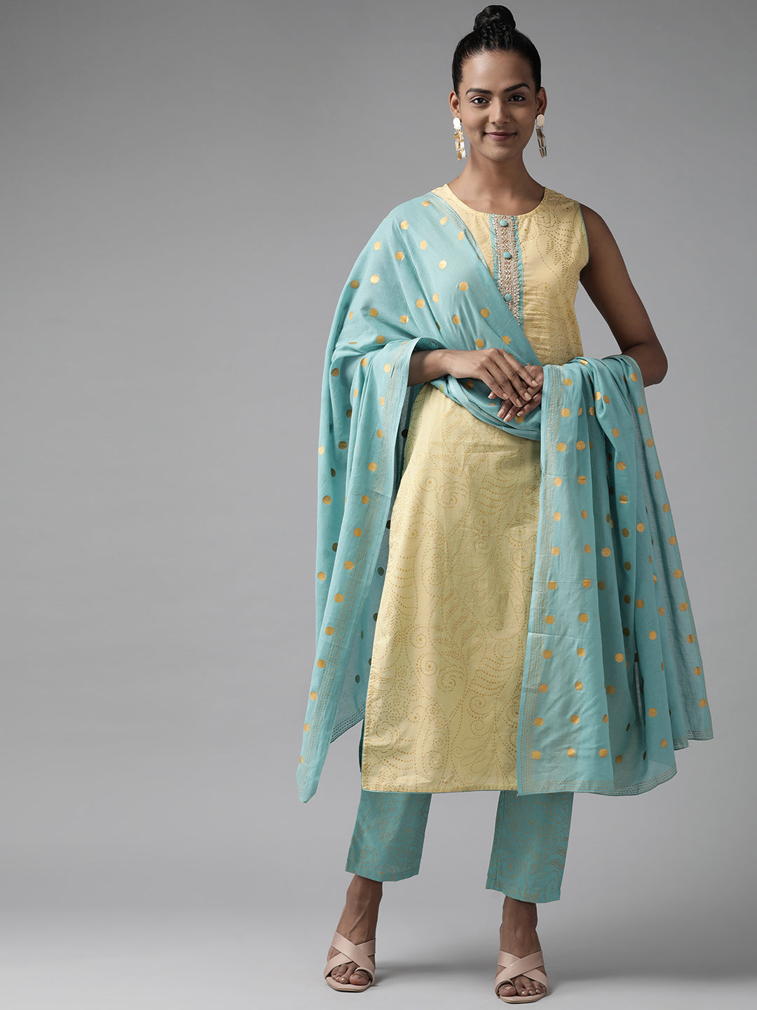 Women's Yellow Gotta Patti Pure Cotton Kurta With Trousers With Dupatta - Yufta