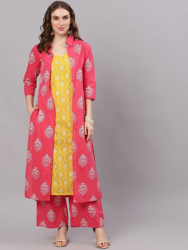 Women's  Yellow & Pink Printed Kurta with Palazzos - AKS