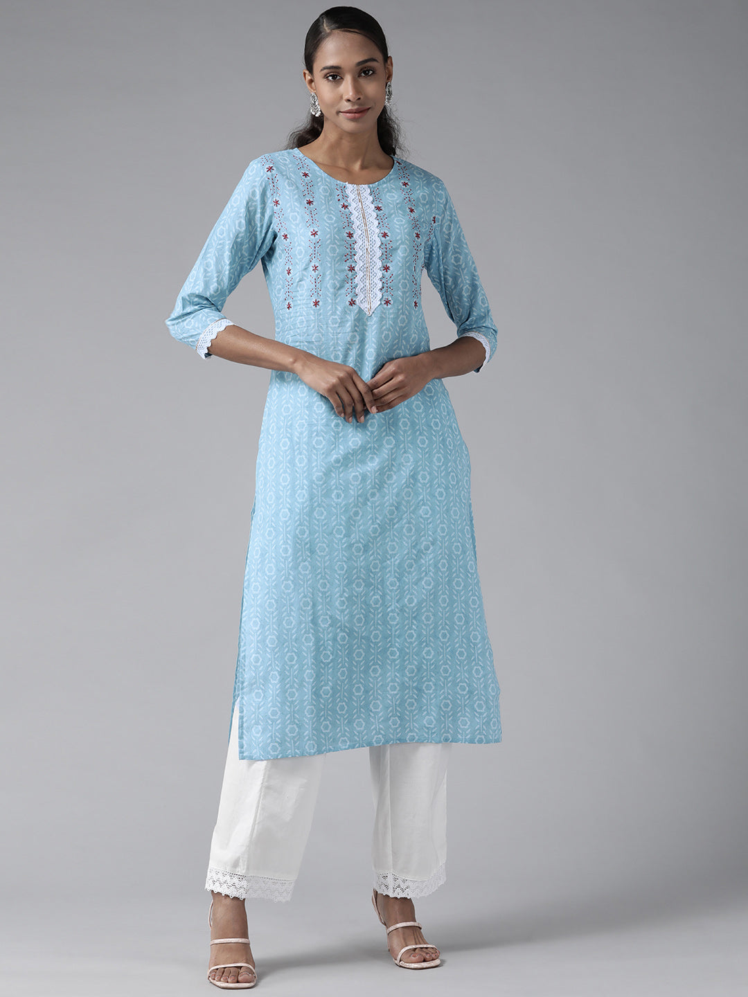 Women's Blue & White Ethnic Motifs Screen Print Pure Cotton Straight Kurta - Yufta