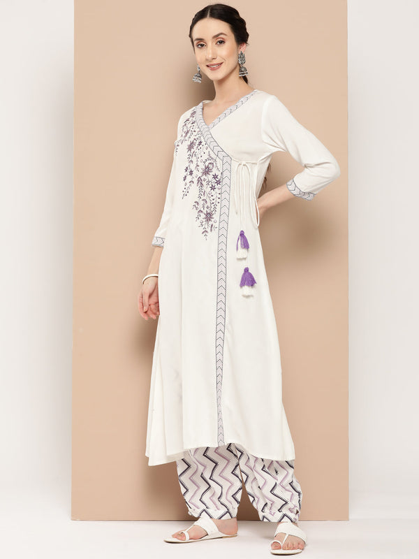 Women's White And Purple Solid Angrakha Kurta Salwar And Dupatta Set - Yufta