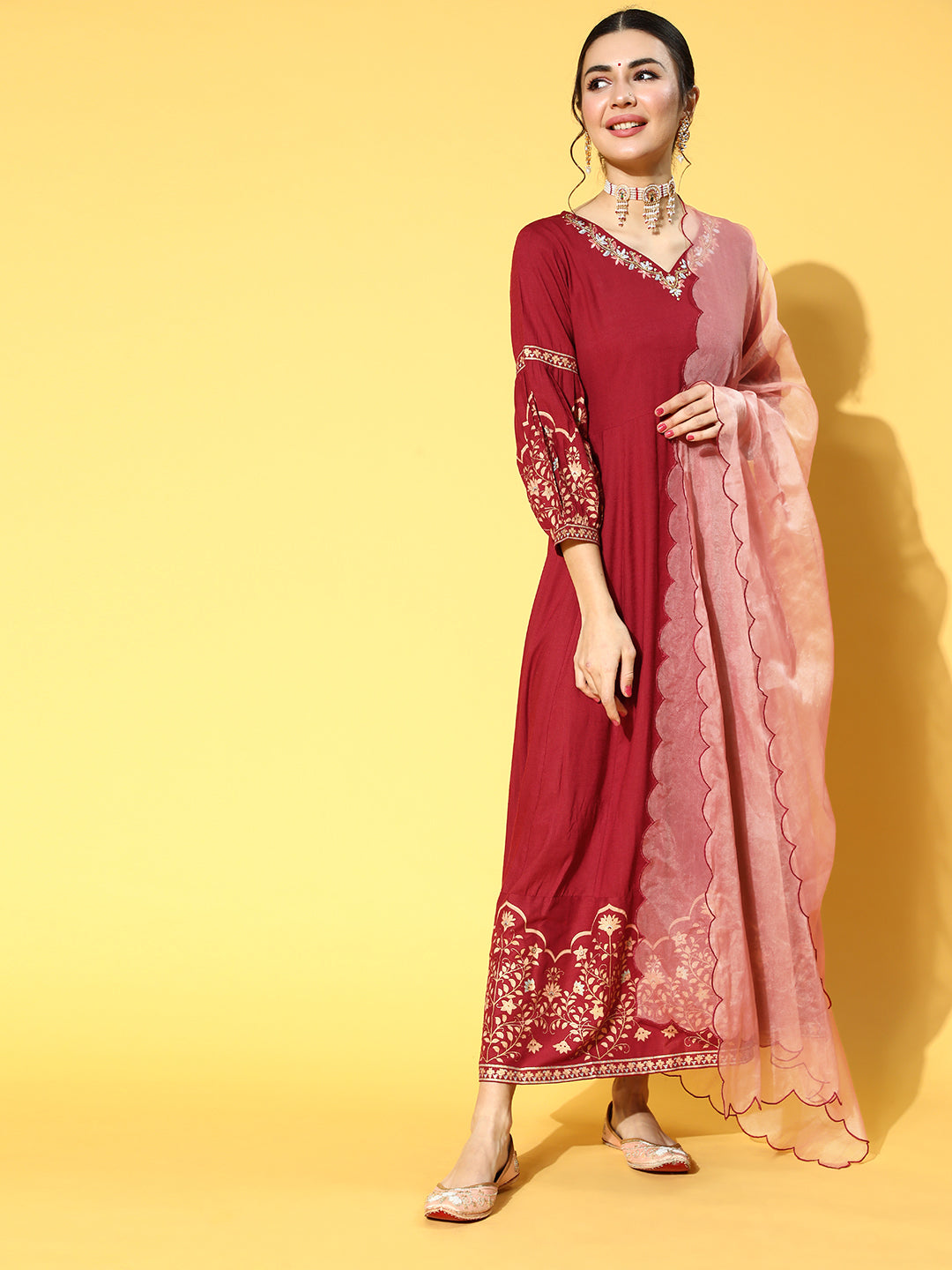 Women's Maroon Floral Ethnic Maxi Dress With Dupatta - Yufta