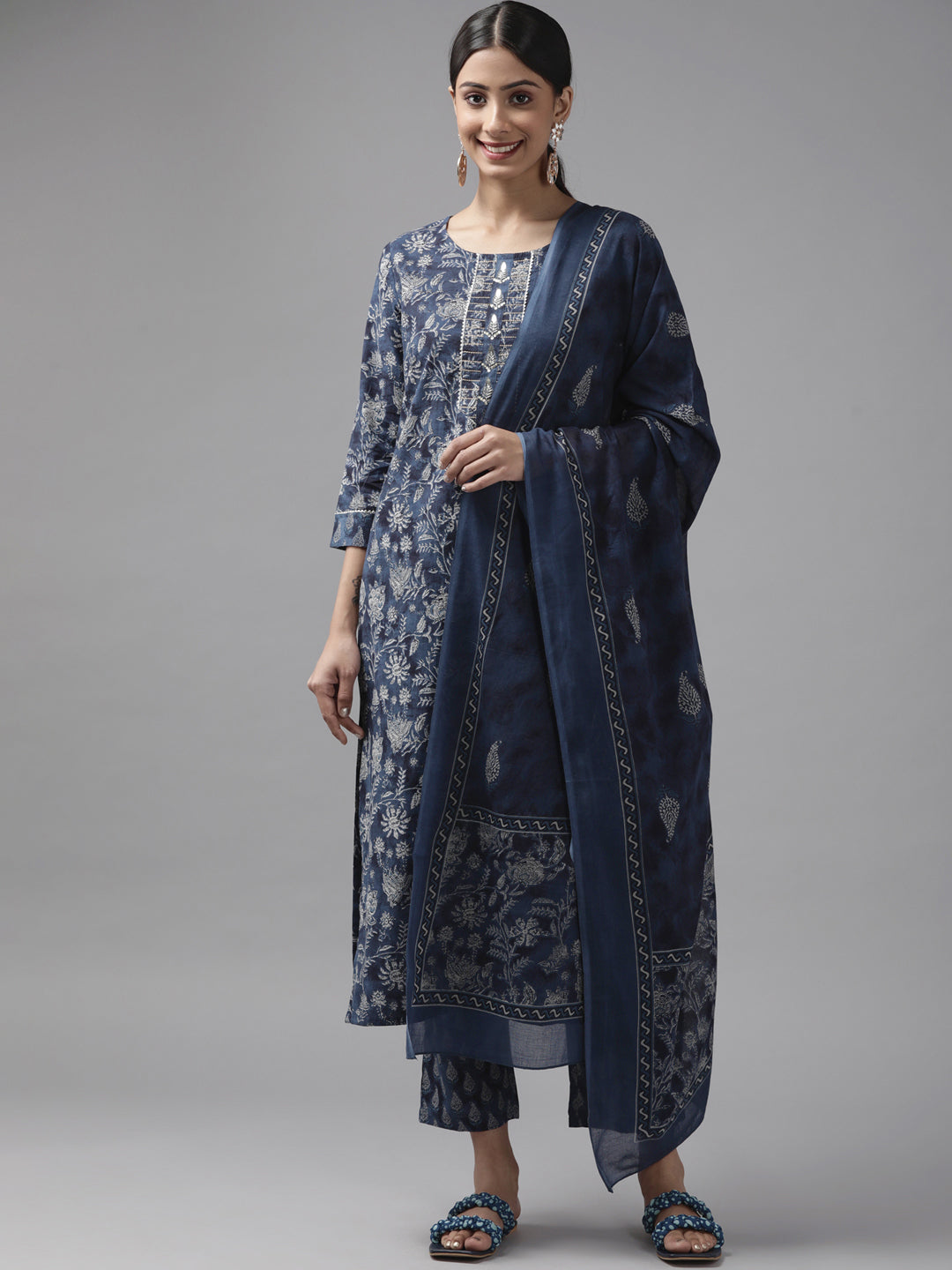 Women's Blue Floral Print Hand Work Cotton Straight Kurta Trousers & Dupatta Set - Yufta