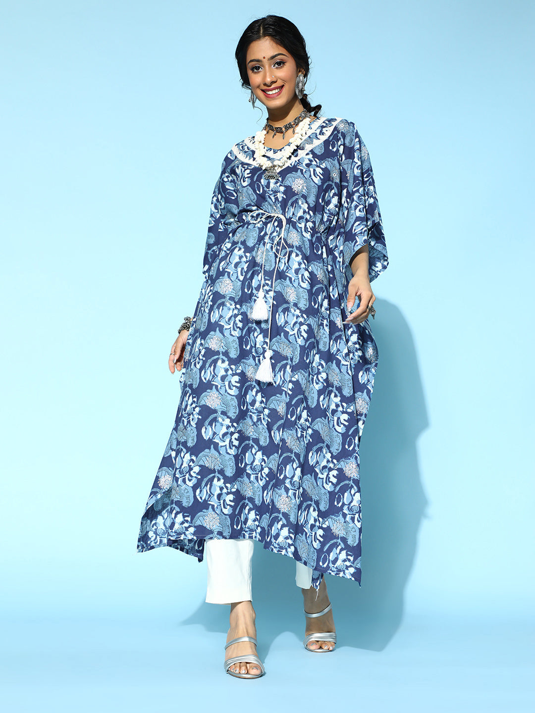 Women's Blue Cotton Kaftan Kurta - Yufta