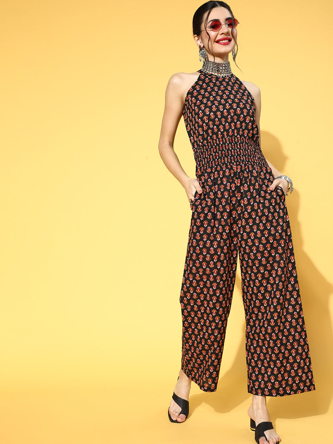 Women's Black Pure Cotton Printed Jumpsuit - Yufta