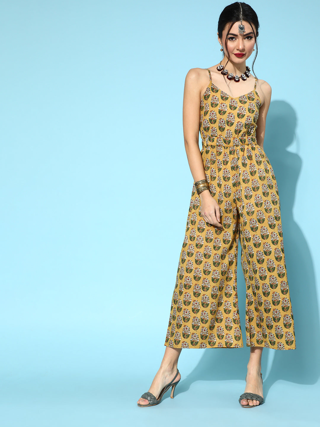 Women's Classy Mustard Printed Ethnic Jumpsuit - Yufta