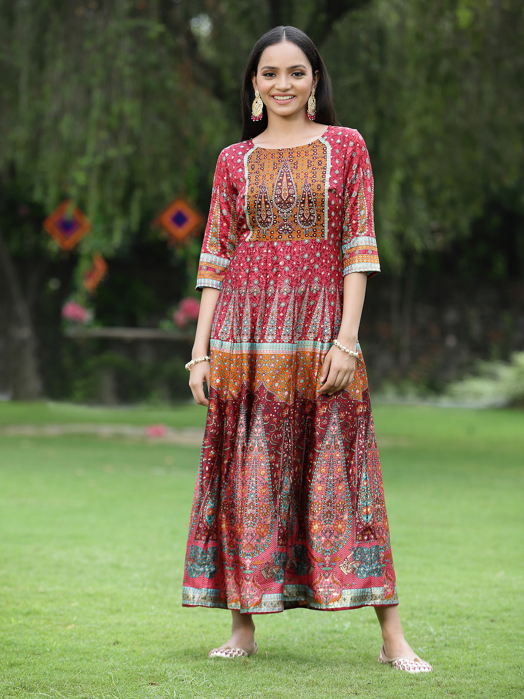 Women's Maroon Dull Satin Printed Anarkali Dress - Juniper