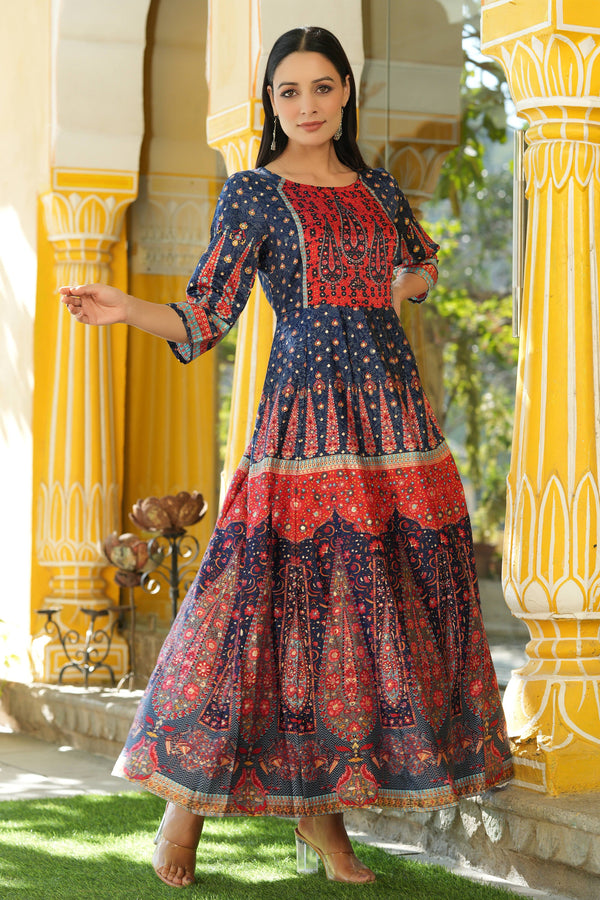 Jashvi Navyblue Dull Satin Printed Anarkali Dress