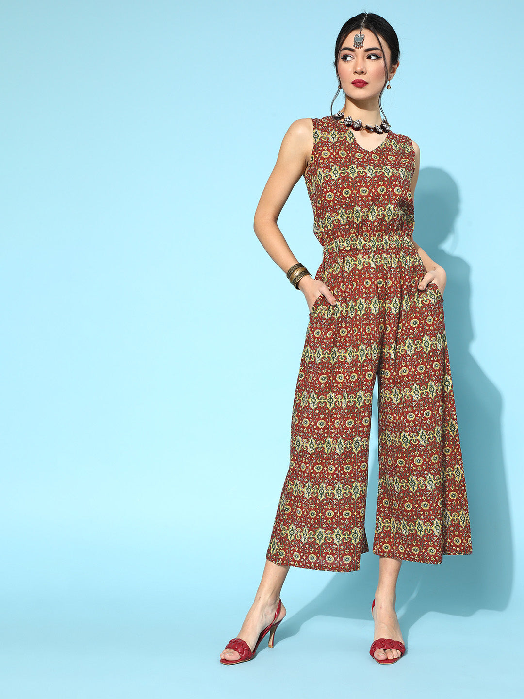 Women's Charming Maroon Printed Ethnic Jumpsuit - Yufta