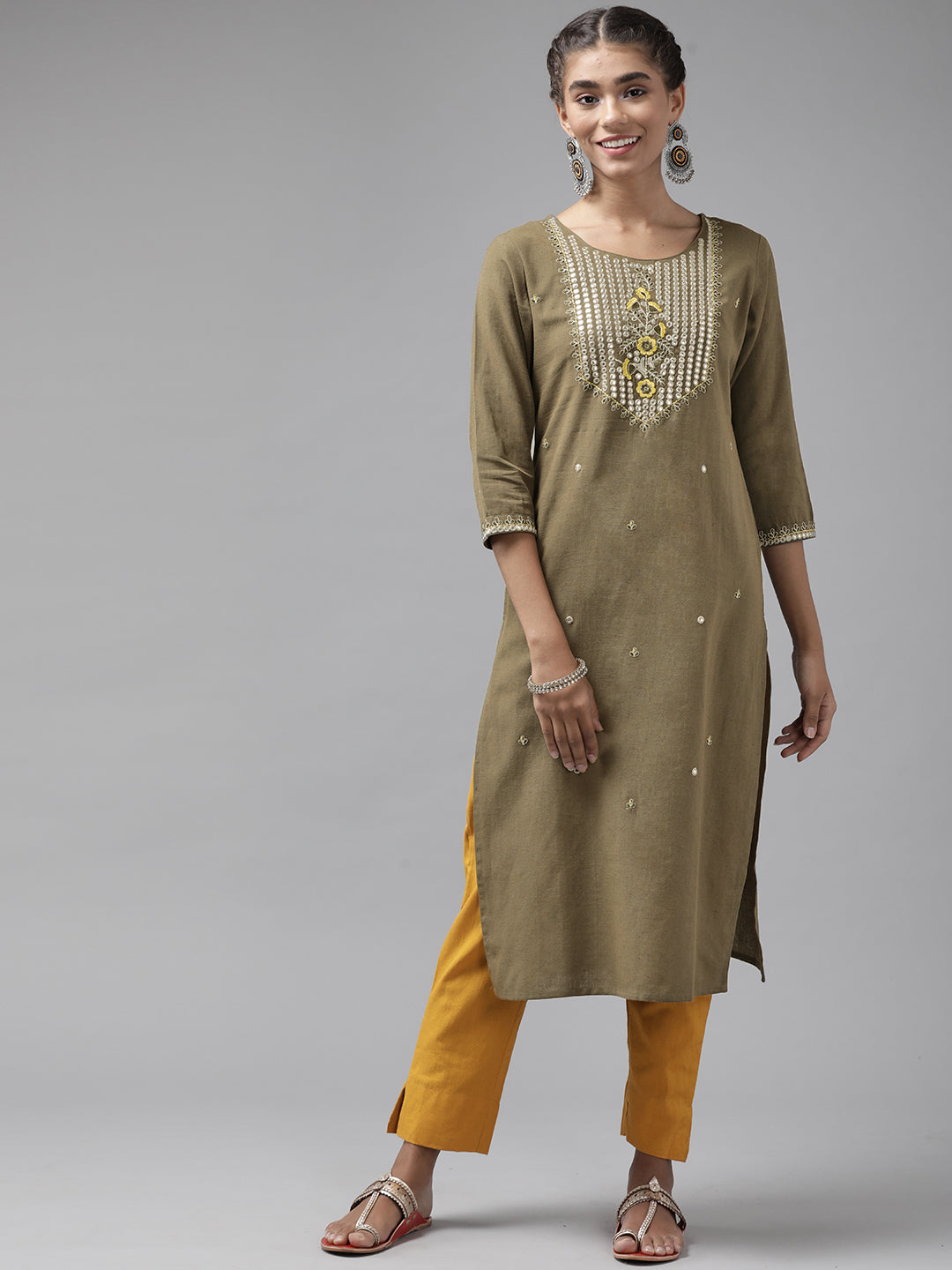 Women's Grey Solid Cotton Flex Thread Work Kurta - Yufta