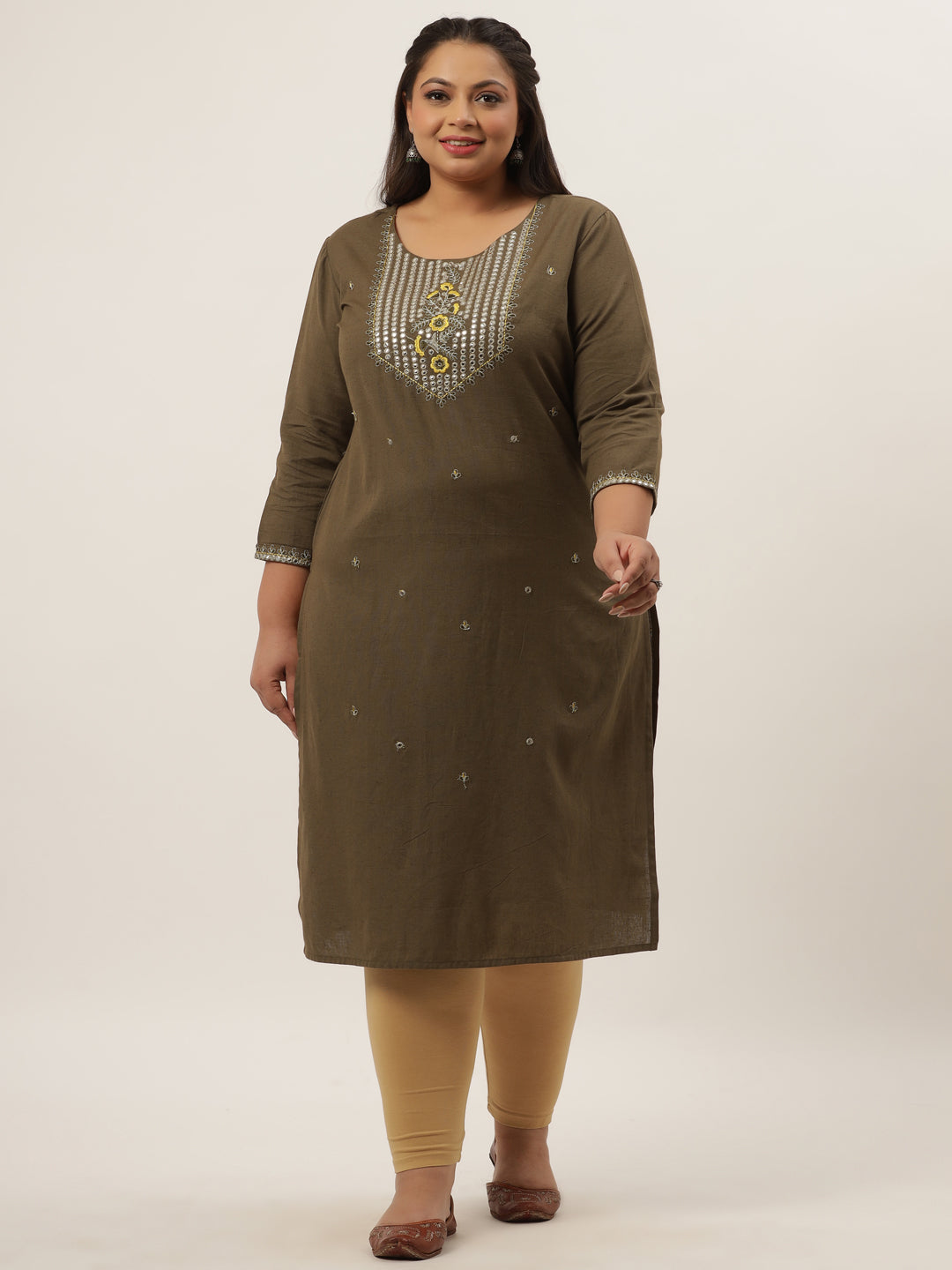 Women's Grey Solid Cotton Flex Aari Work Kurta - Yufta